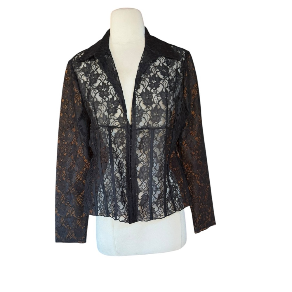 1990s‎ Rue Twenty One Options Black Lace Sheer Front Hooks Blouse